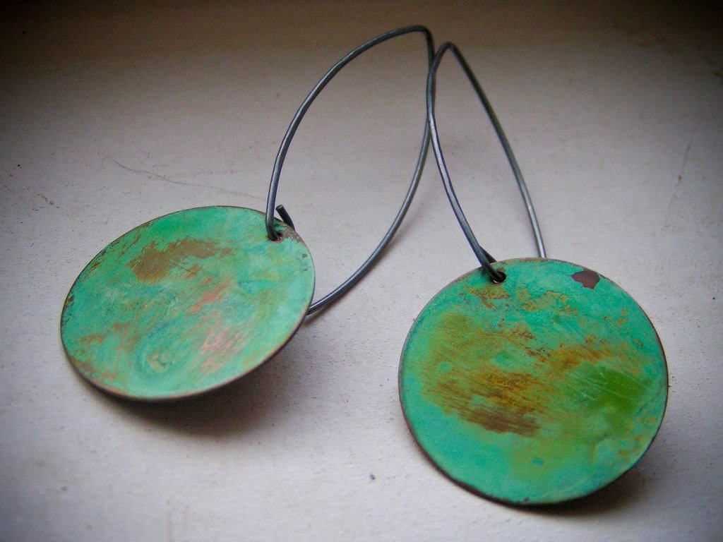 Weathered Verdigris Patina Circle Dangle Earrings