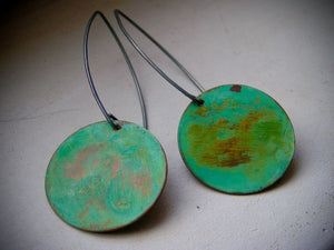 Weathered Verdigris Patina Circle Dangle Earrings
