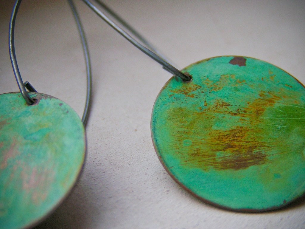 Weathered Verdigris Patina Circle Dangle Earrings