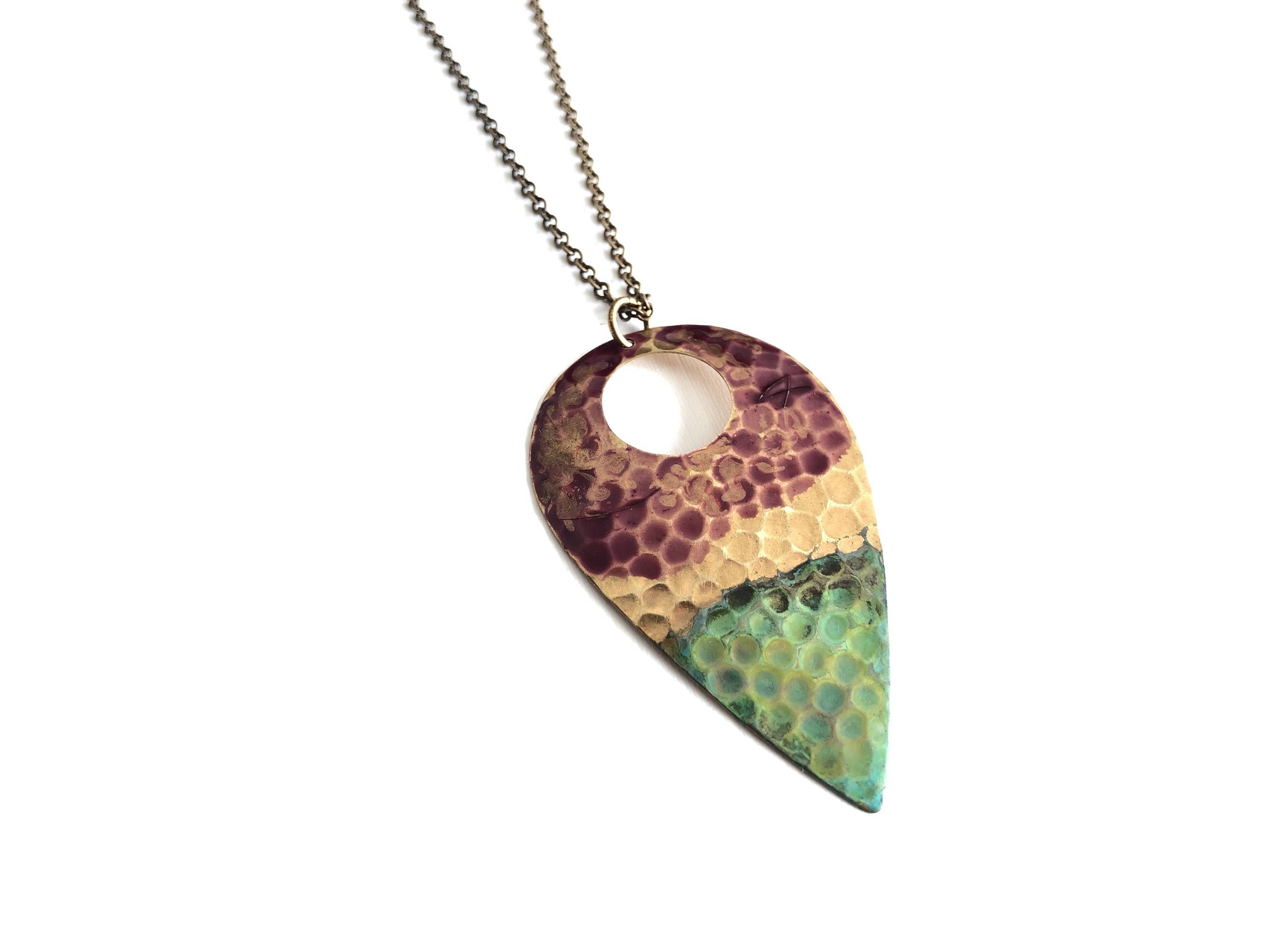 Rosewood and Verdigris Textured Teardrop Necklace #N1805