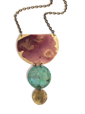 Rosewood, Verdigris & Brass Circle Necklace