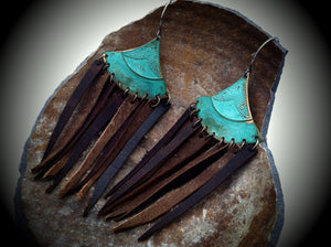 Verdigris Aztec Triangles with Leather Fringe