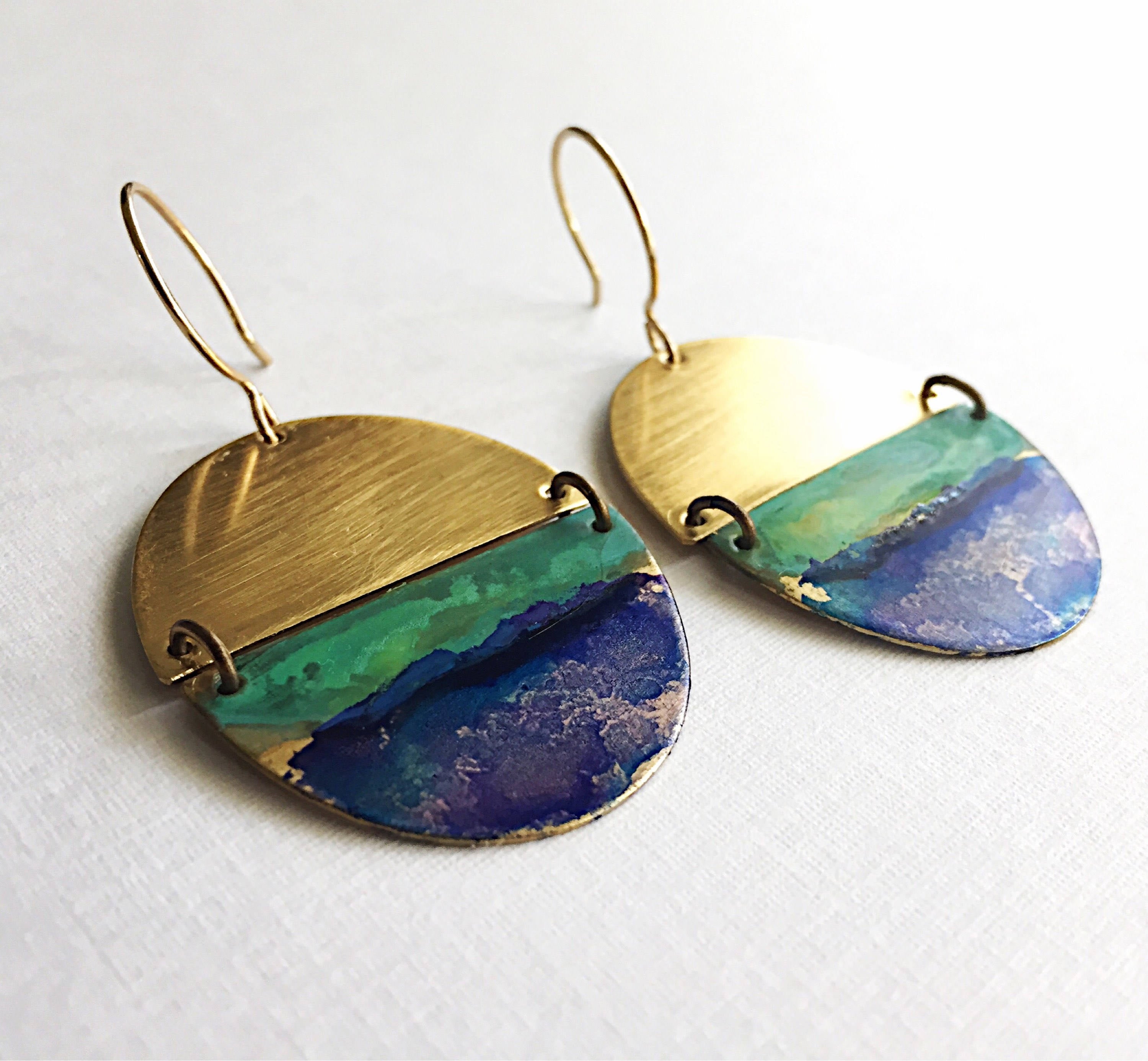 Brass Oval Earrings - Watercolor Patina