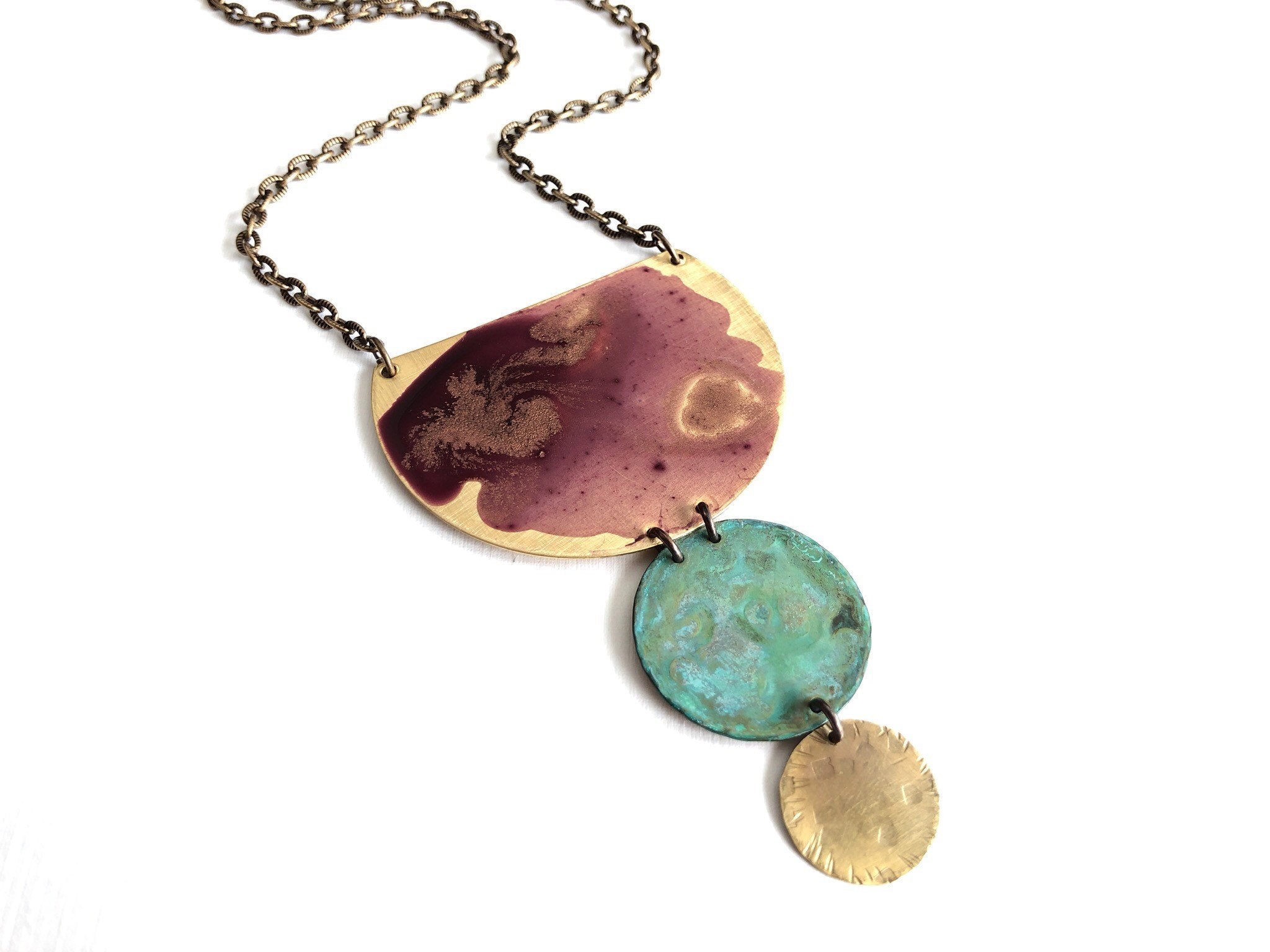 Rosewood, Verdigris & Brass Circle Necklace