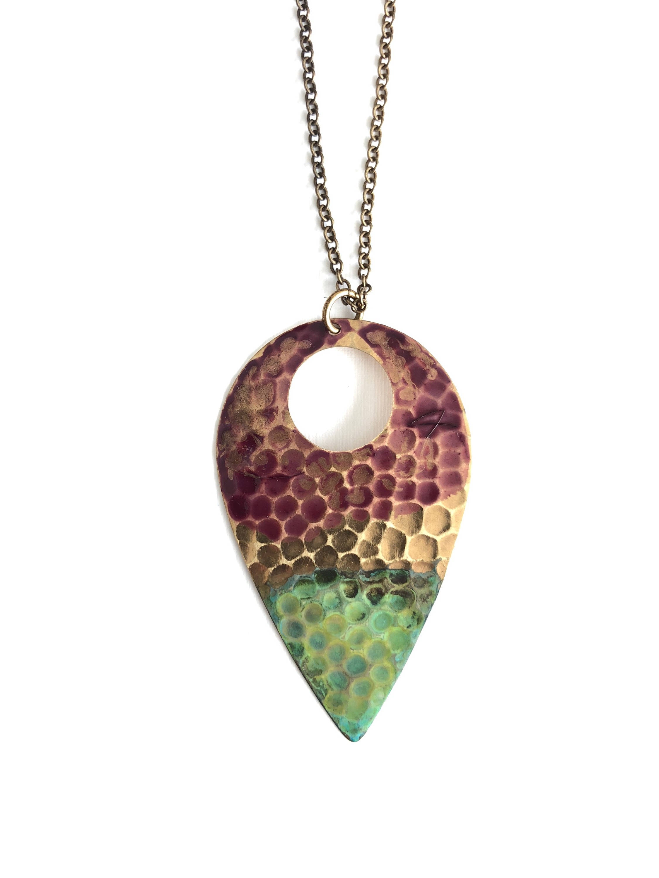 Rosewood and Verdigris Textured Teardrop Necklace #N1805