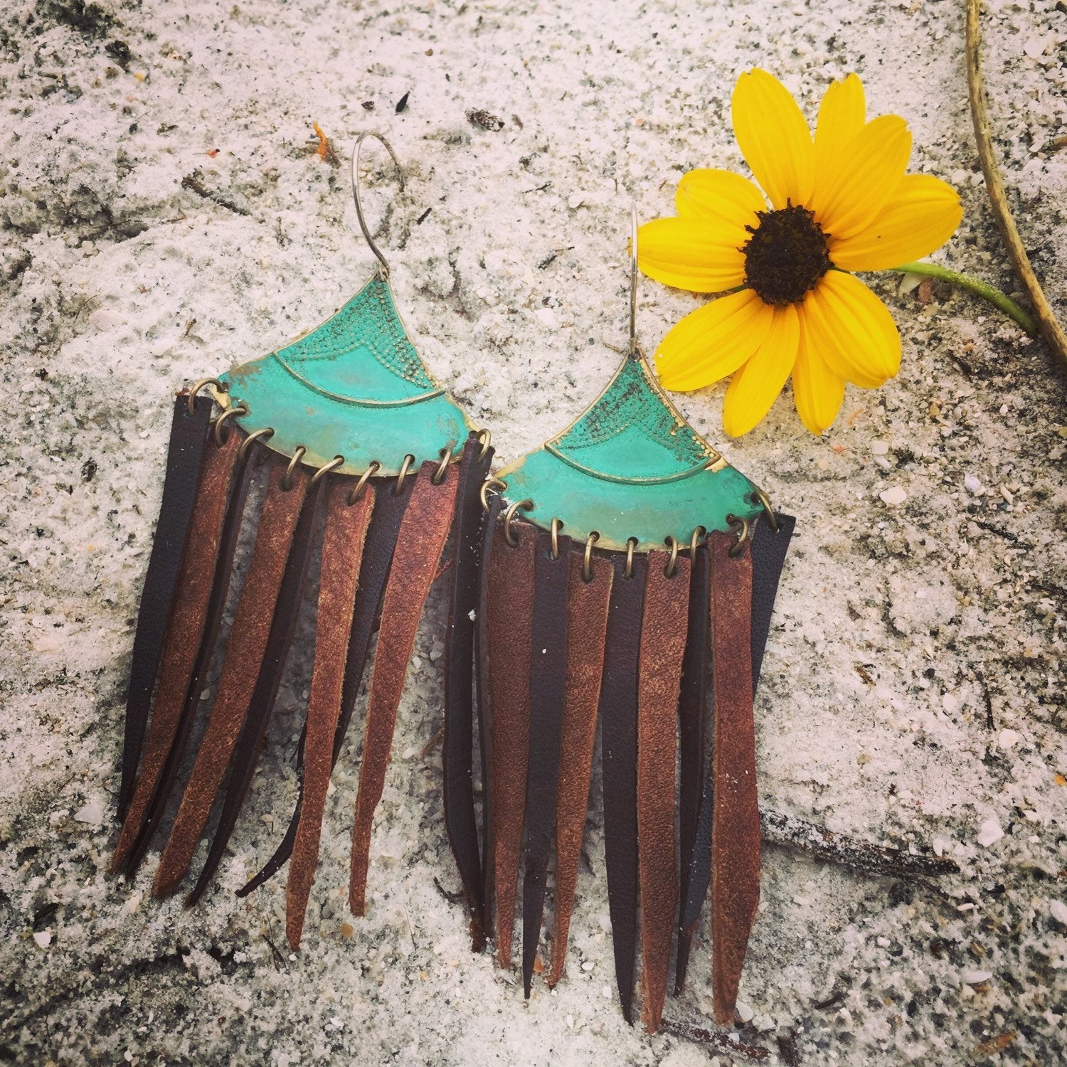 Verdigris Aztec Triangles with Leather Fringe