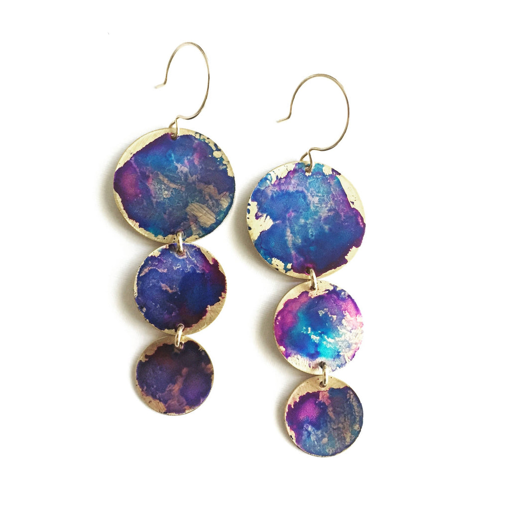 3 Drop Circle Earrings - Viloet Watercolor Patina